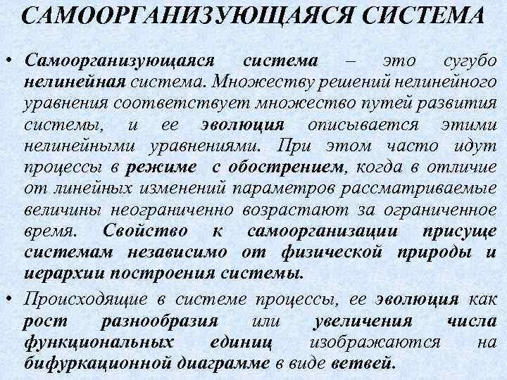 САМООРГАНИЗУЮЩАЯСЯ СИСТЕМА • Самоорганизующаяся система – это сугубо нелинейная система. Множеству решений нелинейного уравнения