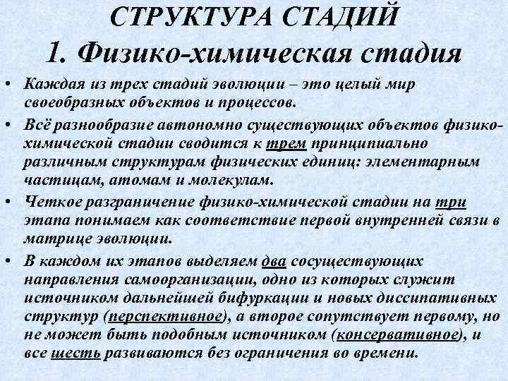 СТРУКТУРА СТАДИЙ 1. Физико-химическая стадия • Каждая из трех стадий эволюции – это целый