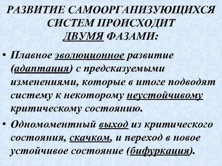 РАЗВИТИЕ САМООРГАНИЗУЮЩИХСЯ СИСТЕМ ПРОИСХОДИТ ДВУМЯ ФАЗАМИ: • Плавное эволюционное развитие (адаптация) с предсказуемыми изменениями,