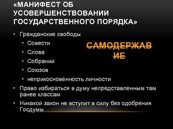  «МАНИФЕСТ ОБ УСОВЕРШЕНСТВОВАНИИ ГОСУДАРСТВЕННОГО ПОРЯДКА» • Гражданские свободы • Совести • Слова •