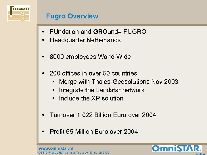 Fugro Overview • FUndation and GROund= FUGRO • Headquarter Netherlands • 8000 employees World-Wide