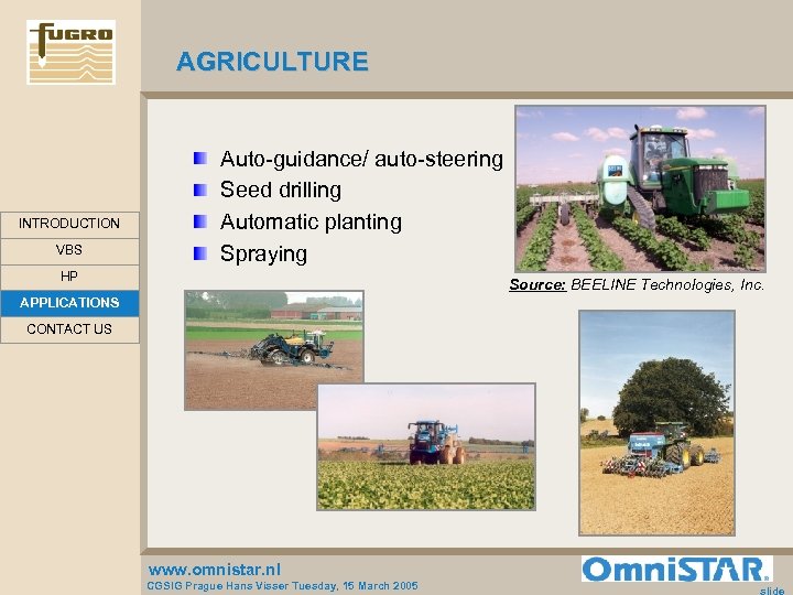AGRICULTURE INTRODUCTION VBS Auto-guidance/ auto-steering Seed drilling Automatic planting Spraying HP Source: BEELINE Technologies,