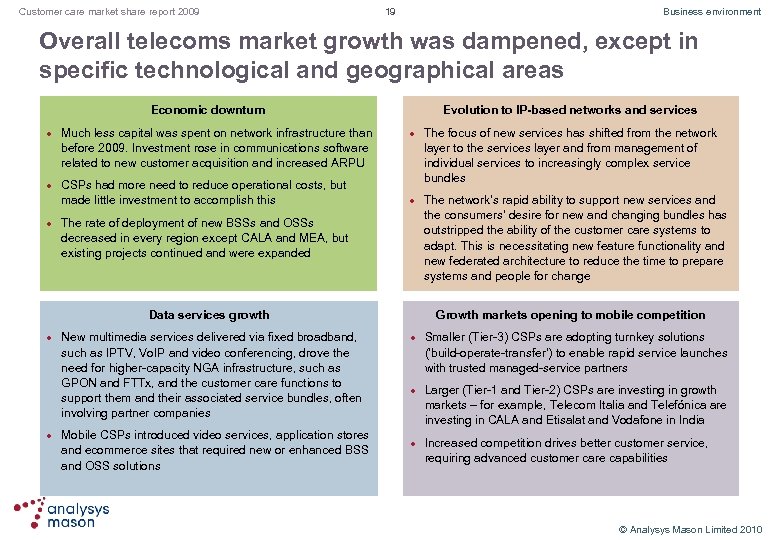 Customer care market share report 2009 19 Business environment Overall telecoms market growth was