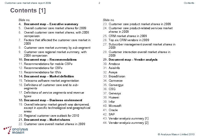 Customer care market share report 2009 2 Contents [1] Slide no. 4. Document map