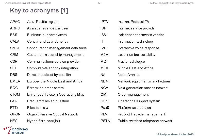 Customer care market share report 2009 57 Author, copyright and key to acronyms Key