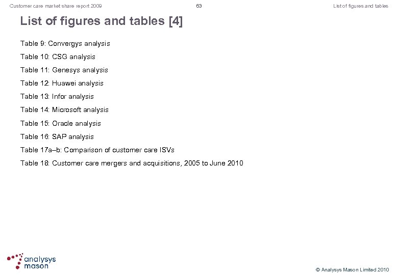 Customer care market share report 2009 63 List of figures and tables [4] Table