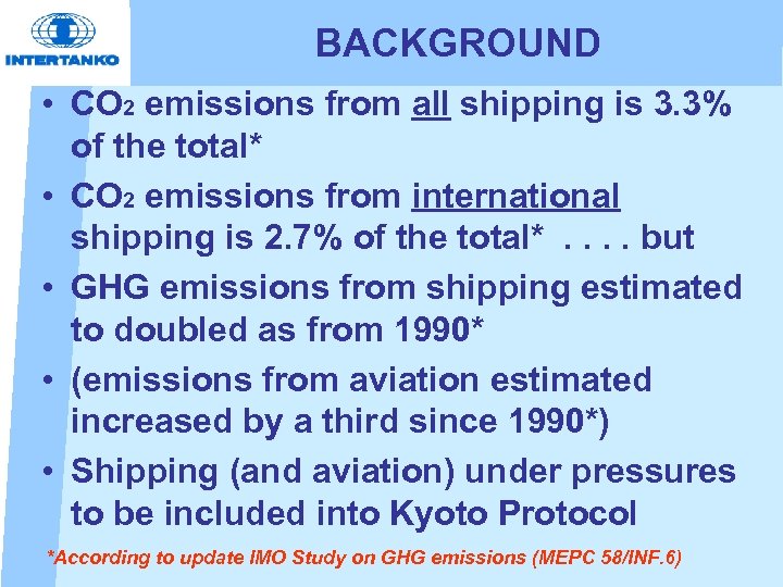 BACKGROUND • CO 2 emissions from all shipping is 3. 3% of the total*