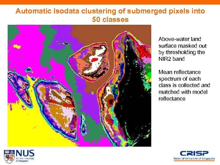 Automatic Isodata clustering of submerged pixels into 50 classes Above-water land surface masked out