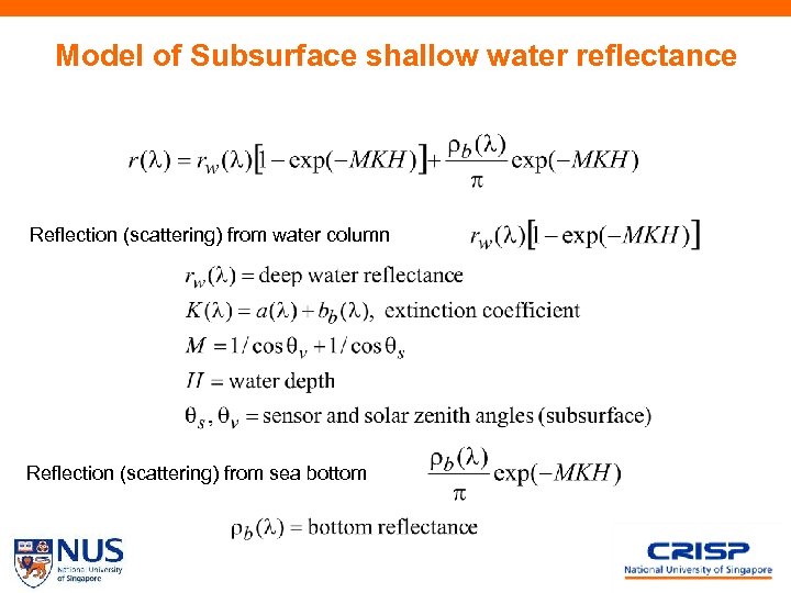 Model of Subsurface shallow water reflectance Reflection (scattering) from water column Reflection (scattering) from