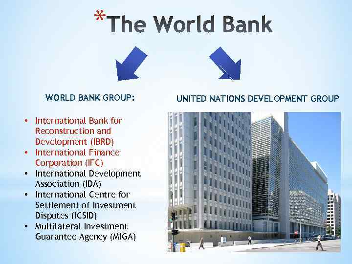 * WORLD BANK GROUP: • International Bank for Reconstruction and Development (IBRD) • International