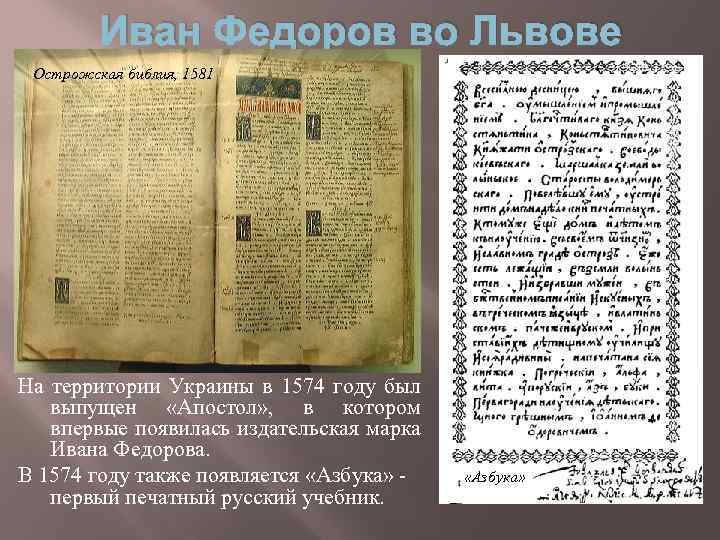 Иван Федоров во Львове Острожская библия, 1581 На территории Украины в 1574 году был