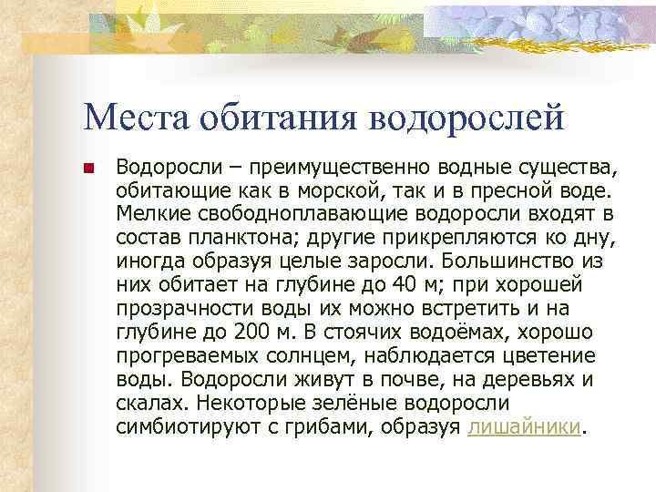 Места обитания водорослей n Водоросли – преимущественно водные существа, обитающие как в морской, так