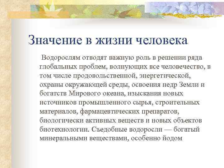 Значение в жизни человека Водорослям отводят важную роль в решении ряда глобальных проблем, волнующих