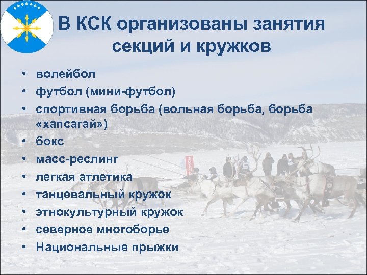 В КСК организованы занятия секций и кружков • волейбол • футбол (мини-футбол) • спортивная