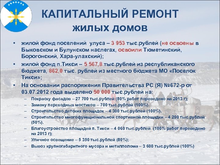 КАПИТАЛЬНЫЙ РЕМОНТ жилых домов • • • жилой фонд поселений улуса – 3 953