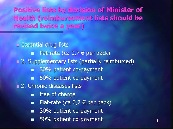 Positive lists by decision of Minister of Health (reimbursement lists should be revised twice