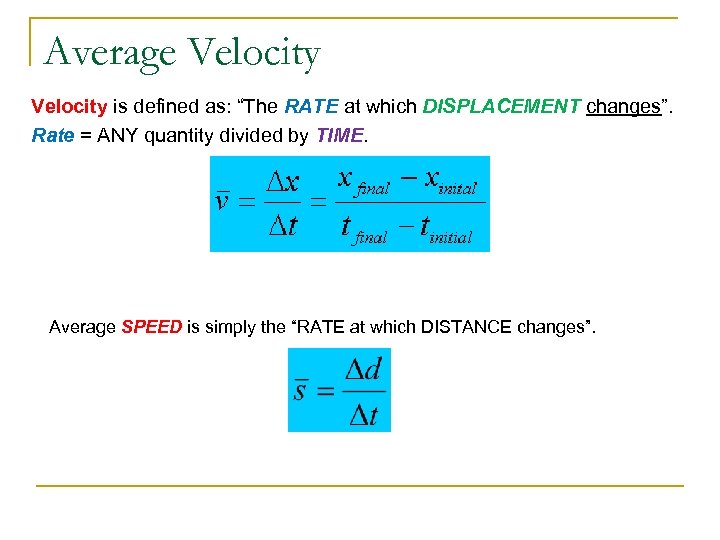 Average Velocity is defined as: “The RATE at which DISPLACEMENT changes”. Rate = ANY