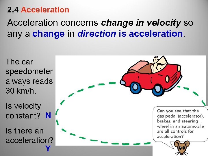 2. 4 Acceleration concerns change in velocity so any a change in direction is