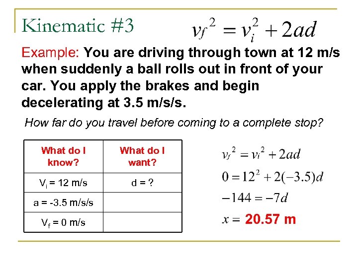 Kinematic #3 Example: You are driving through town at 12 m/s when suddenly a