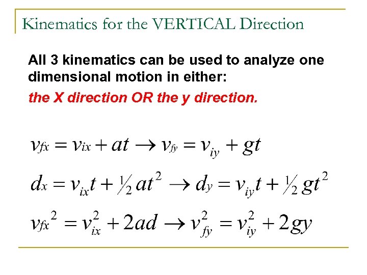 Kinematics for the VERTICAL Direction All 3 kinematics can be used to analyze one