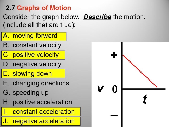 2. 7 Graphs of Motion Consider the graph below. Describe the motion. (include all