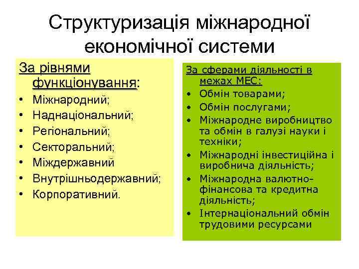 Структуризація міжнародної економічної системи За рівнями функціонування: функціонування • • Міжнародний; Наднаціональний; Регіональний; Секторальний;