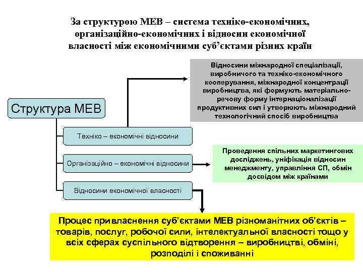 За структурою МЕВ – система техніко-економічних, організаційно-економічних і відносин економічної власності між економічними суб’єктами