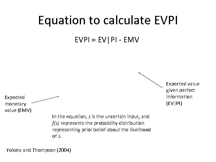 Equation to calculate EVPI = EV|PI - EMV Expected monetary value (EMV) Expected value