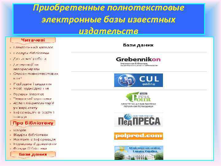 Приобретенные полнотекстовые электронные базы известных издательств 