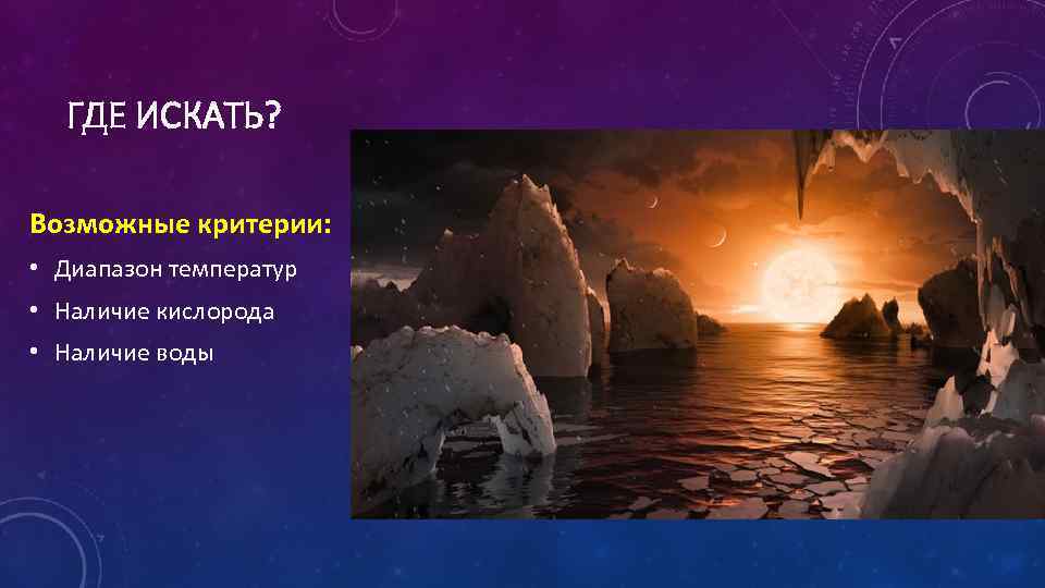 ГДЕ ИСКАТЬ? Возможные критерии: • Диапазон температур • Наличие кислорода • Наличие воды 