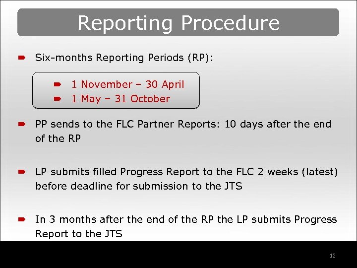 Reporting Procedure ´ Six-months Reporting Periods (RP): ´ 1 November – 30 April ´