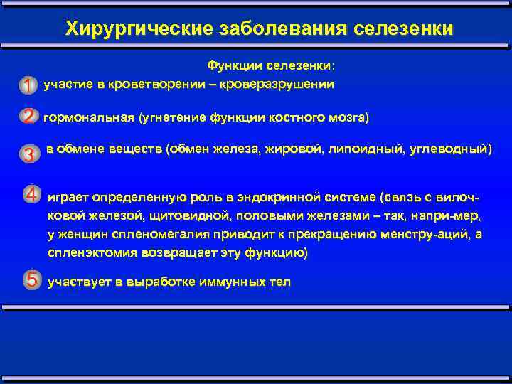 Хирургические заболевания селезенки 1 2 3 4 5 Функции селезенки: участие в кроветворении –