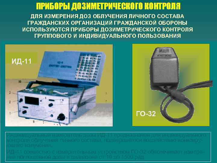 ПРИБОРЫ ДОЗИМЕТРИЧЕСКОГО КОНТРОЛЯ ДЛЯ ИЗМЕРЕНИЯ ДОЗ ОБЛУЧЕНИЯ ЛИЧНОГО СОСТАВА ГРАЖДАНСКИХ ОРГАНИЗАЦИЙ ГРАЖДАНСКОЙ ОБОРОНЫ ИСПОЛЬЗУЮТСЯ