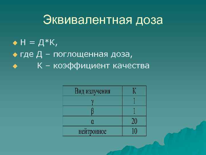 Эквивалентная доза Н = Д*К, u где Д – поглощенная доза, u К –