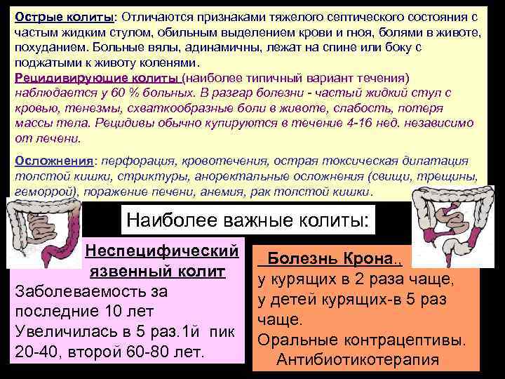 Острые колиты: Отличаются признаками тяжелого септического состояния с частым жидким стулом, обильным выделением крови