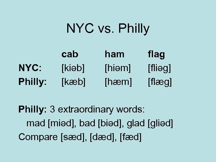 NYC vs. Philly NYC: Philly: cab [kiəb] [kæb] ham [hiəm] [hæm] flag [fliəg] [flæg]