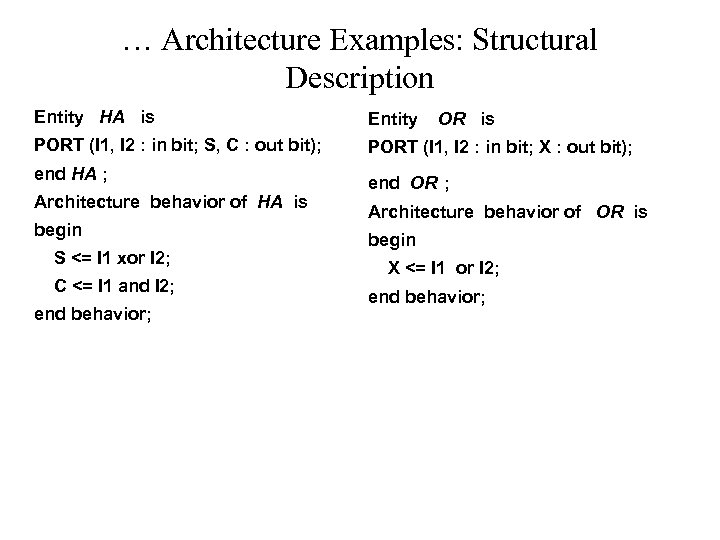 … Architecture Examples: Structural Description Entity HA is Entity PORT (I 1, I 2