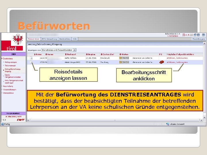 Befürworten Reisedetails anzeigen lassen Bearbeitungsschritt anklicken Mit der Befürwortung des DIENSTREISEANTRAGES wird bestätigt, dass