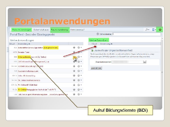 Portalanwendungen Aufruf Bildungsdienste (Bi. Di) 