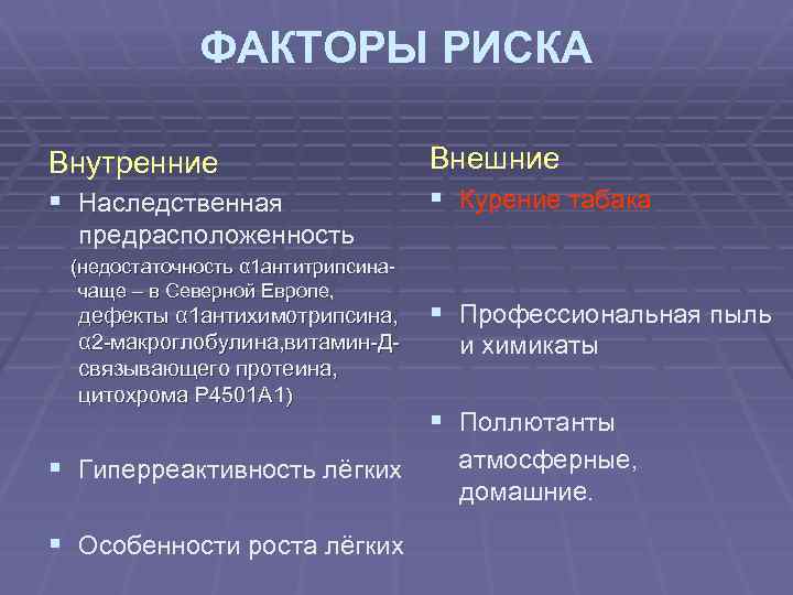 ФАКТОРЫ РИСКА Внутренние § Наследственная Внешние § Курение табака предрасположенность (недостаточность α 1 антитрипсина-