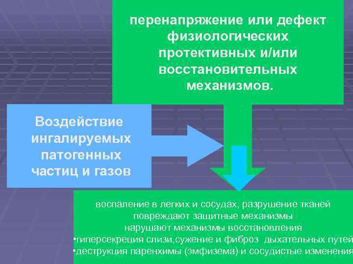 перенапряжение или дефект физиологических протективных и/или восстановительных механизмов. Воздействие ингалируемых патогенных частиц и газов