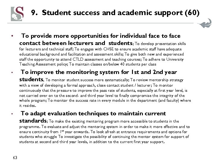 9. Student success and academic support (60) • To provide more opportunities for individual