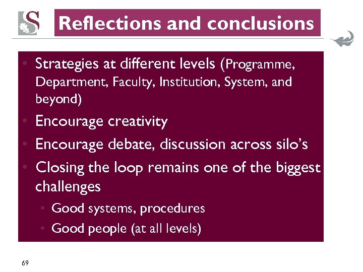 Reflections and conclusions • Strategies at different levels (Programme, Department, Faculty, Institution, System, and