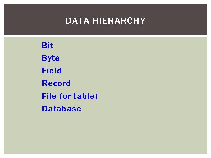 DATA HIERARCHY Bit Byte Field Record File (or table) Database 