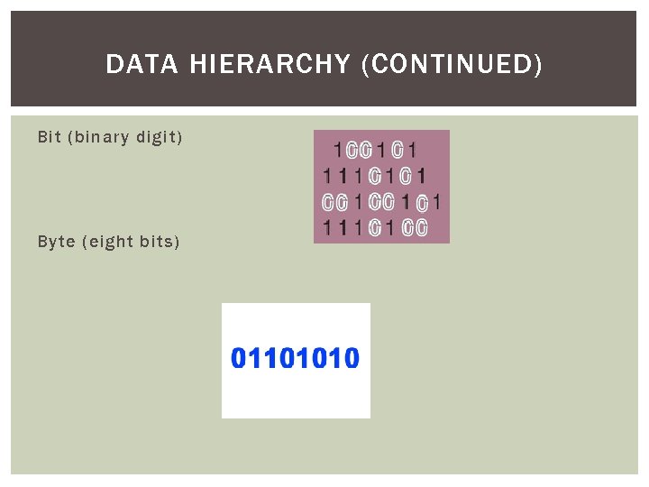 DATA HIERARCHY (CONTINUED) Bit (binary digit) Byte (eight bits) 
