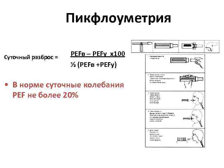 Пикфлоуметрия Суточный разброс = PEFв – PEFу х100 ½ (PEFв +PEFу) • В норме