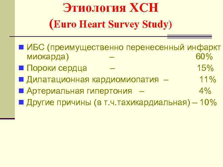 Этиология ХСН (Euro Heart Survey Study) n ИБС (преимущественно перенесенный инфаркт миокарда) – 60%