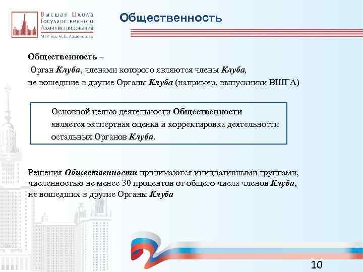 Общественность – Орган Клуба, членами которого являются члены Клуба, не вошедшие в другие Органы
