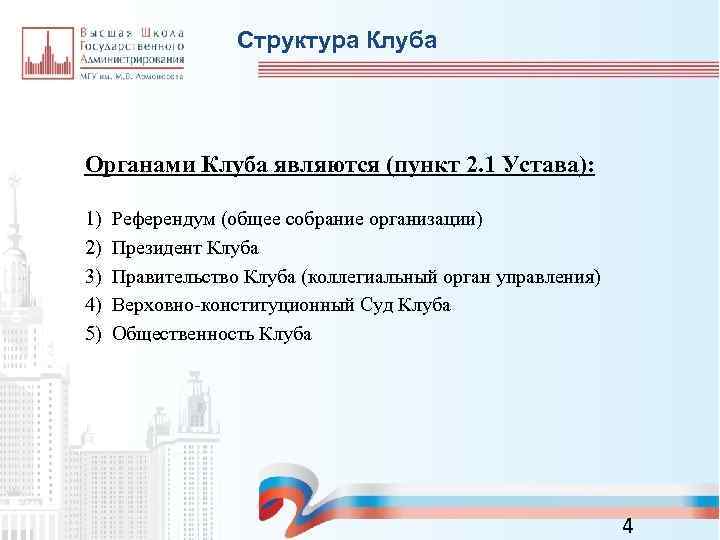 Структура Клуба Органами Клуба являются (пункт 2. 1 Устава): 1) 2) 3) 4) 5)