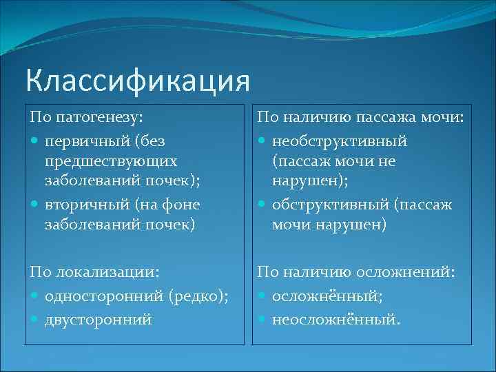 Классификация По патогенезу: первичный (без предшествующих заболеваний почек); вторичный (на фоне заболеваний почек) По